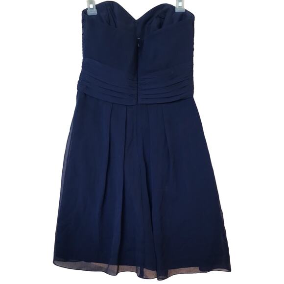 David's Bridal Short Crinkle Chiffon Dress Front Cascade Navy Strapless Mini - Picture 6 of 13